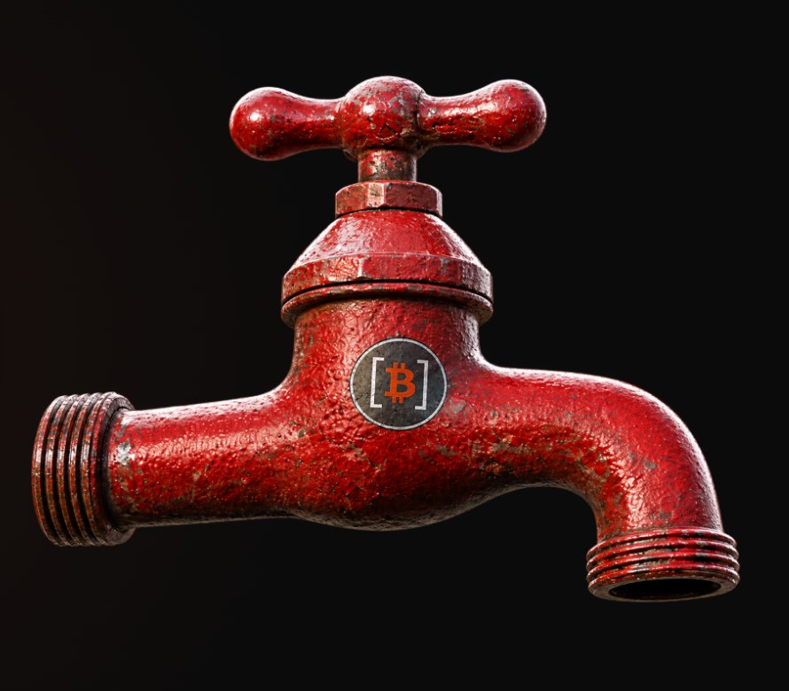 Red faucet with a Bitcoin badge